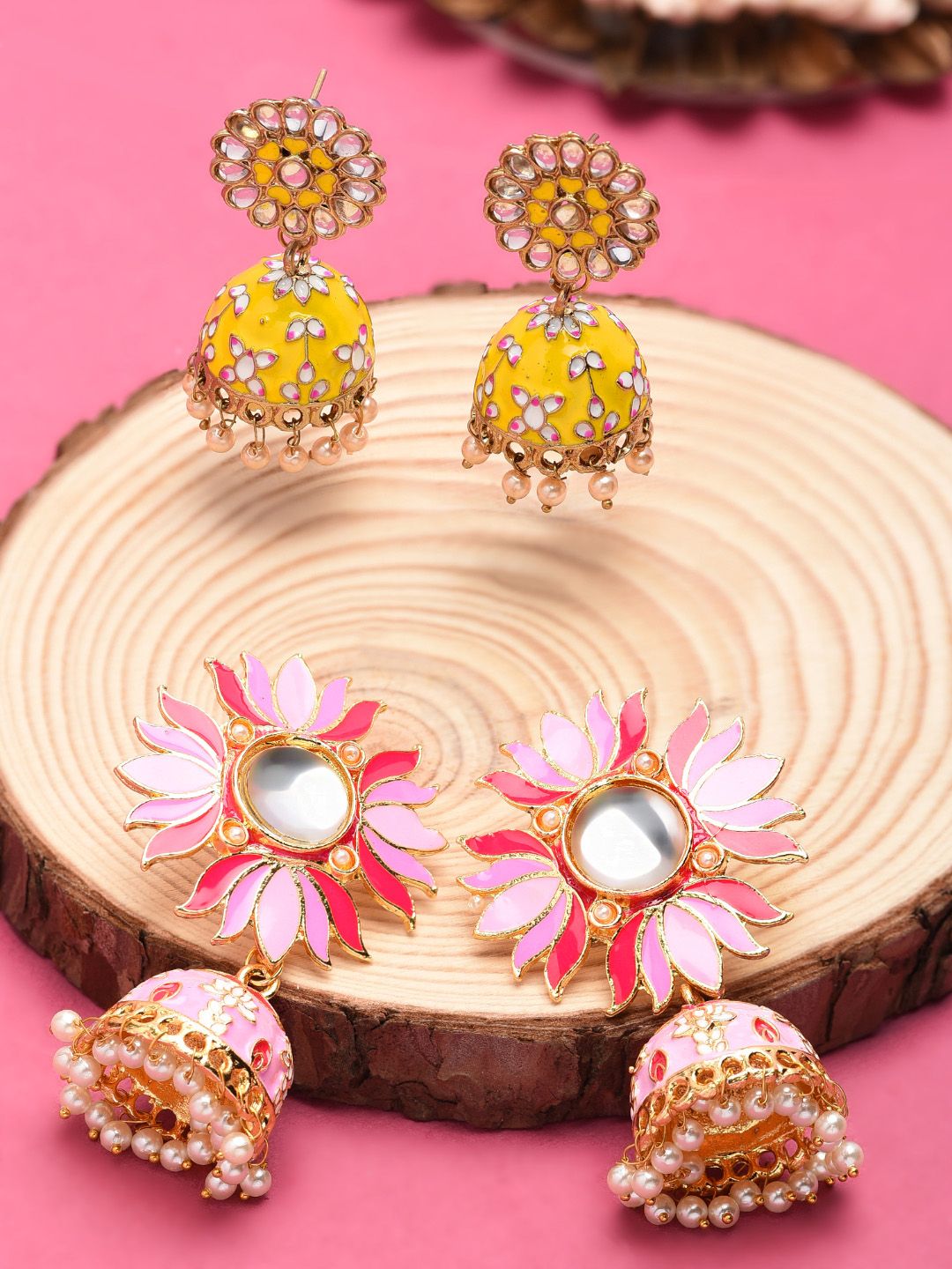 Zaveri Pearls Set Of 2 Gold-Plated & Yellow Dome Shaped Jhumkas Price in India