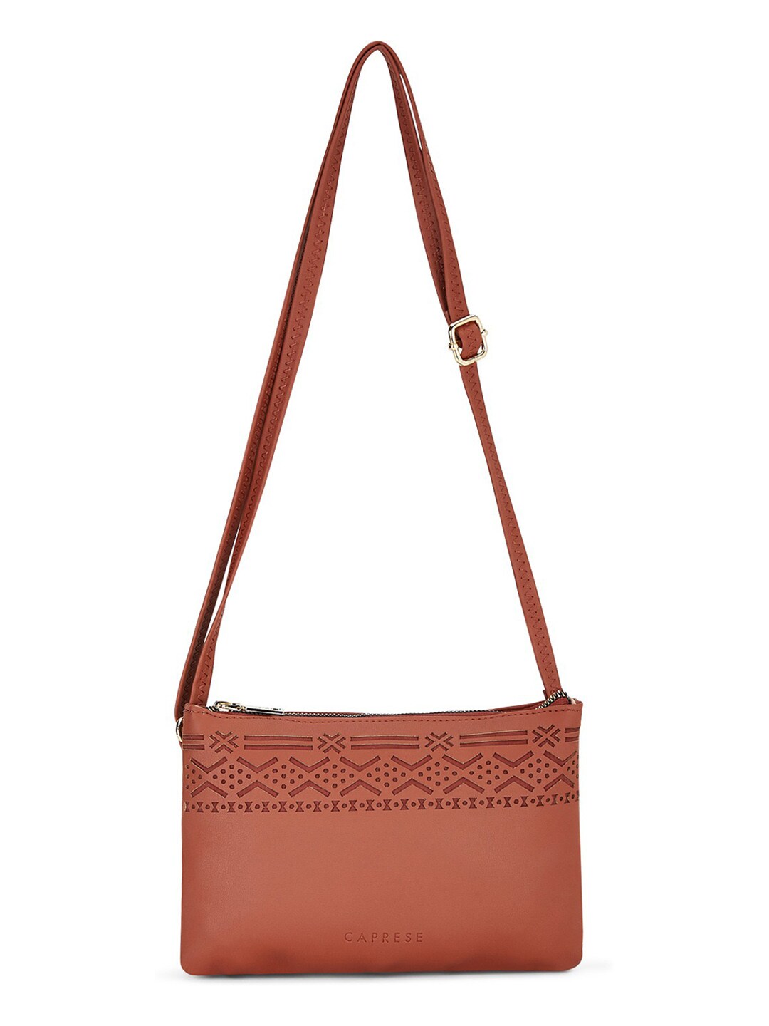Caprese Brown Textured PU Structured Sling Bag with Cut Work Price in India
