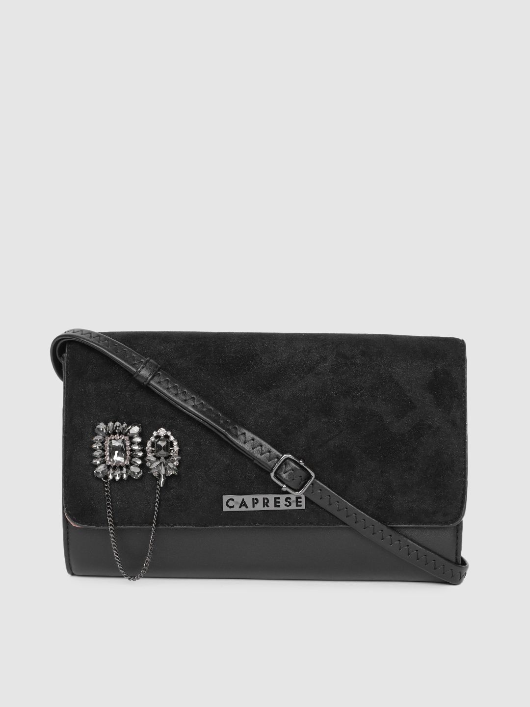 Caprese Black Solid Suede Finish Sling Bag with Embellished Detail Price in India