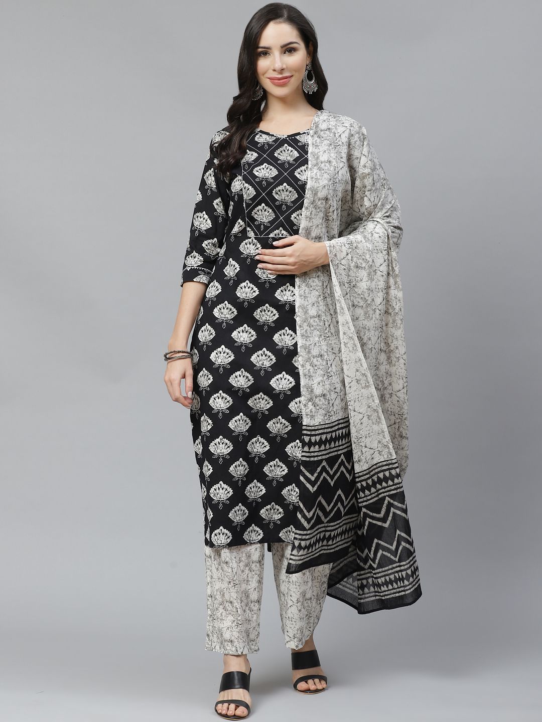 Yuris Women Black & White Pure Cotton Printed Kurta with Palazzos & Dupatta Price in India