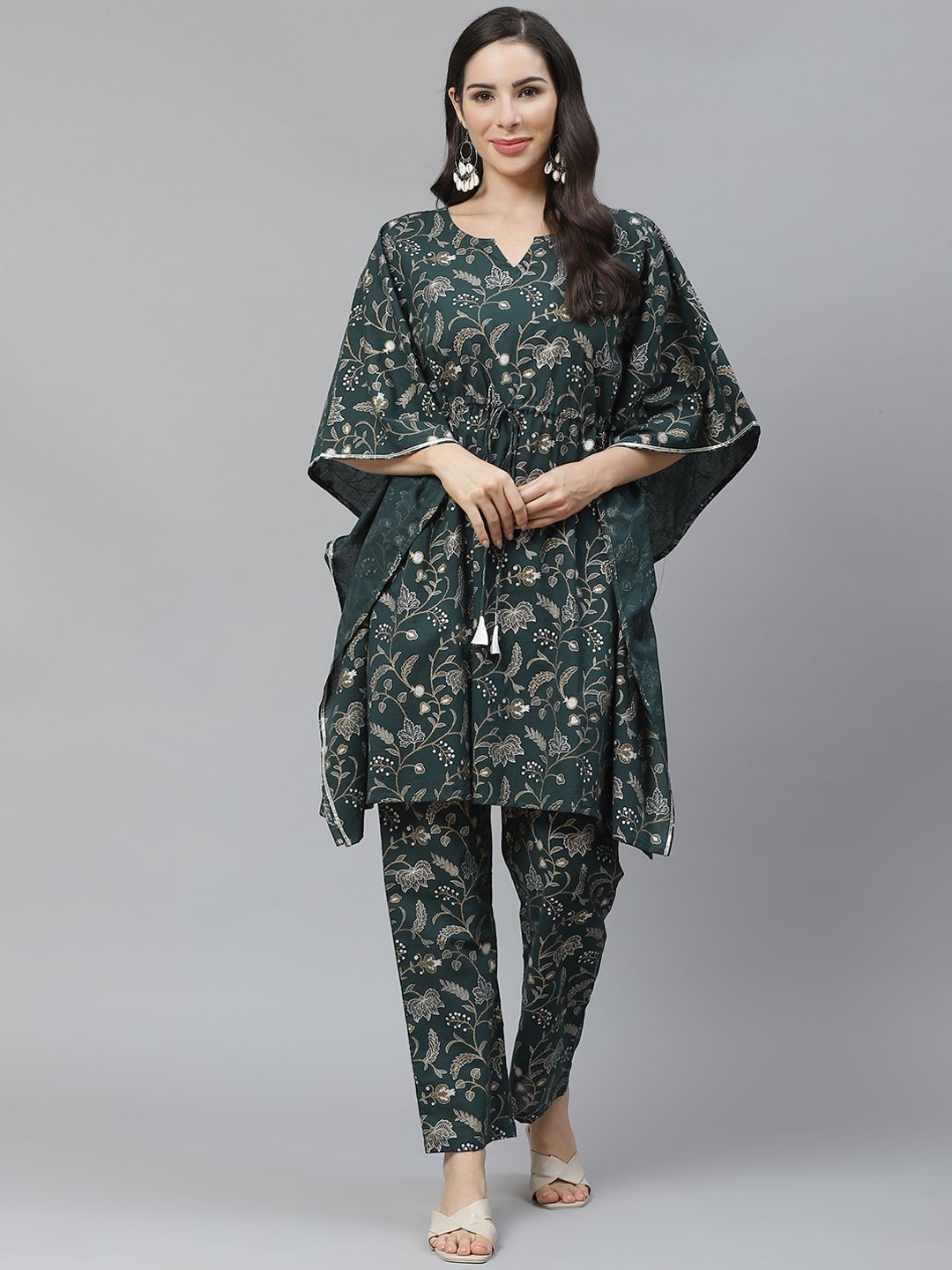 Yuris Women Green & Off-White Printed Pure Cotton Kurta with Trousers Price in India