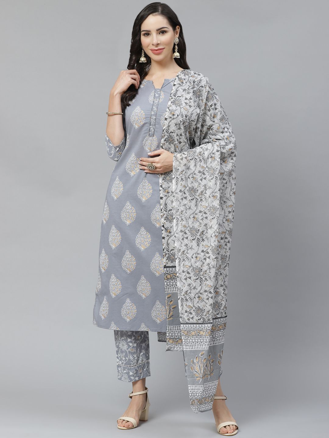 Yuris Women Grey & White Pure Cotton Printed Kurta with Palazzos & Dupatta Price in India