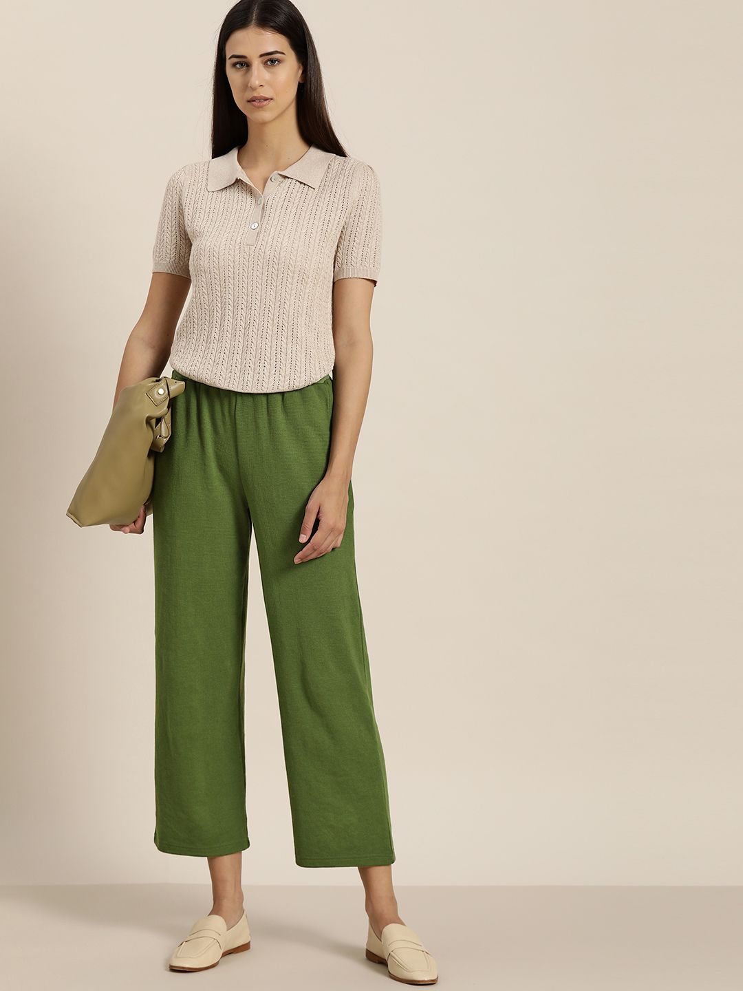 ether Women Green Self-Design Cropped Trousers