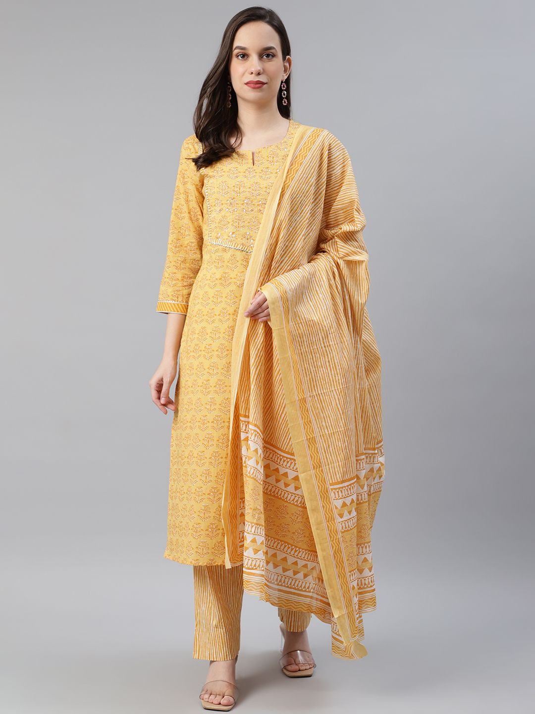 AHIKA Women Yellow & White Printed Pure Cotton Kurta with Trousers & Dupatta Price in India