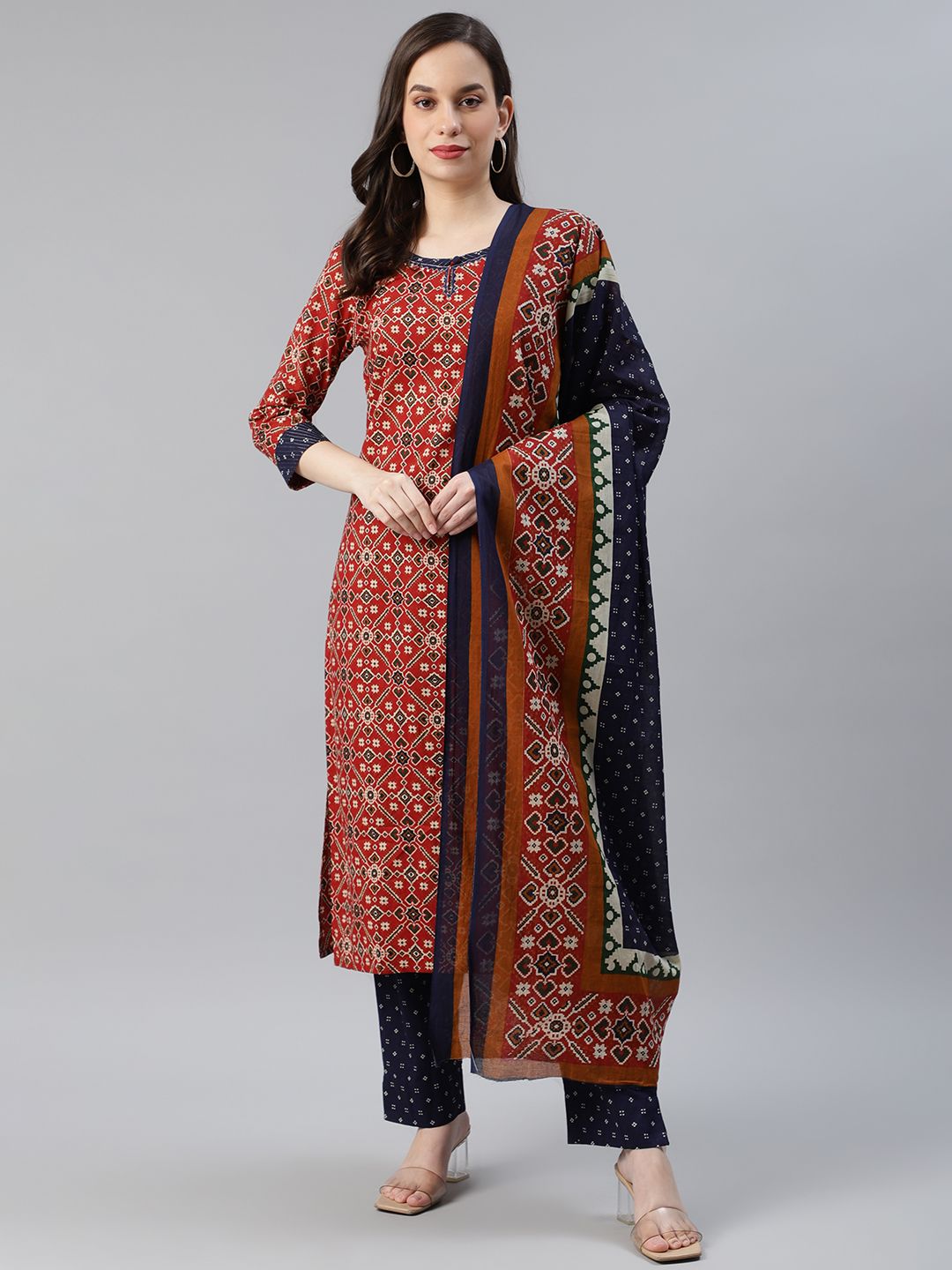 AHIKA Women Red & Navy Blue Printed Pure Cotton Kurta with Trousers & Dupatta Price in India