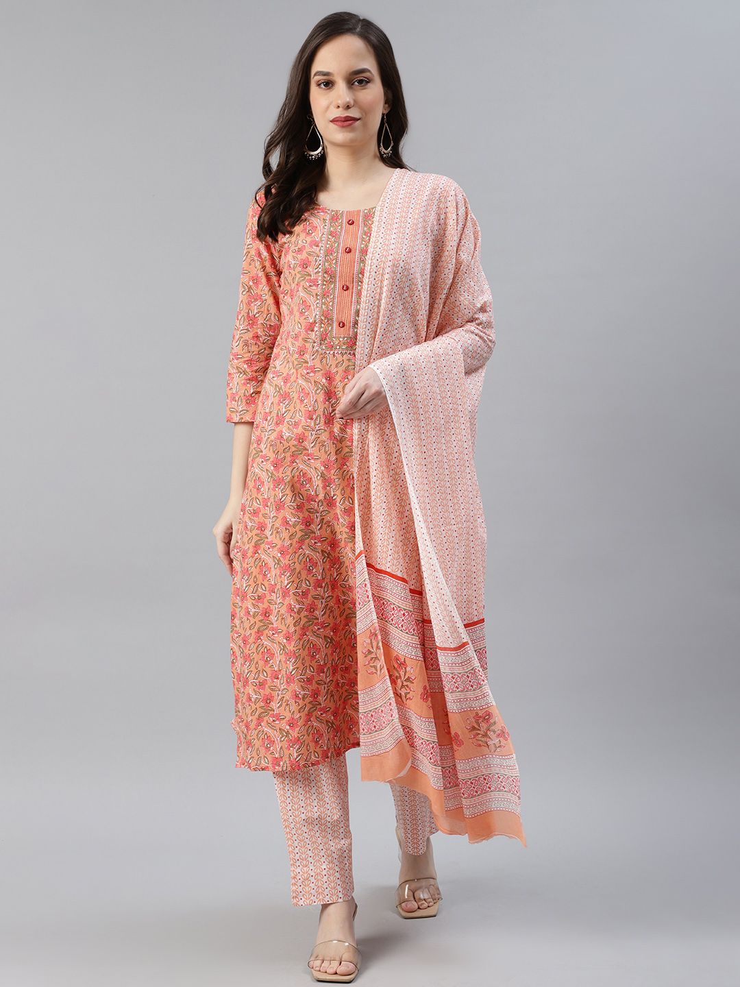 AHIKA Women Peach-Coloured & Green Printed Pure Cotton Kurta with Trousers & Dupatta Price in India