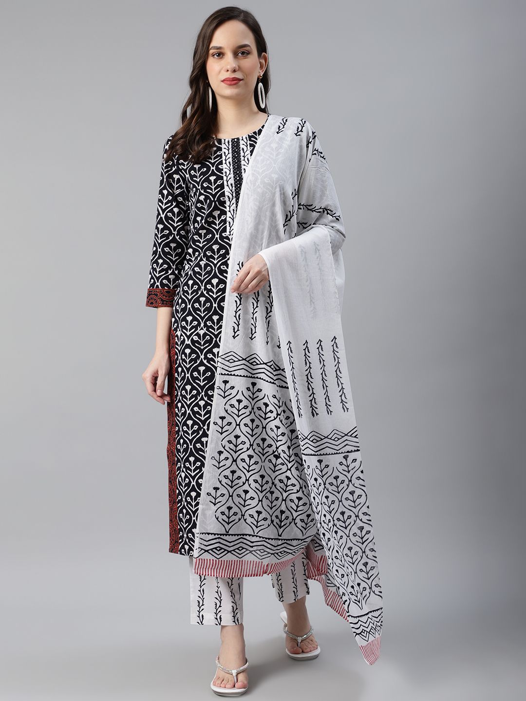 AHIKA Women Black & White Printed Pure Cotton Kurta with Trousers & Dupatta Price in India