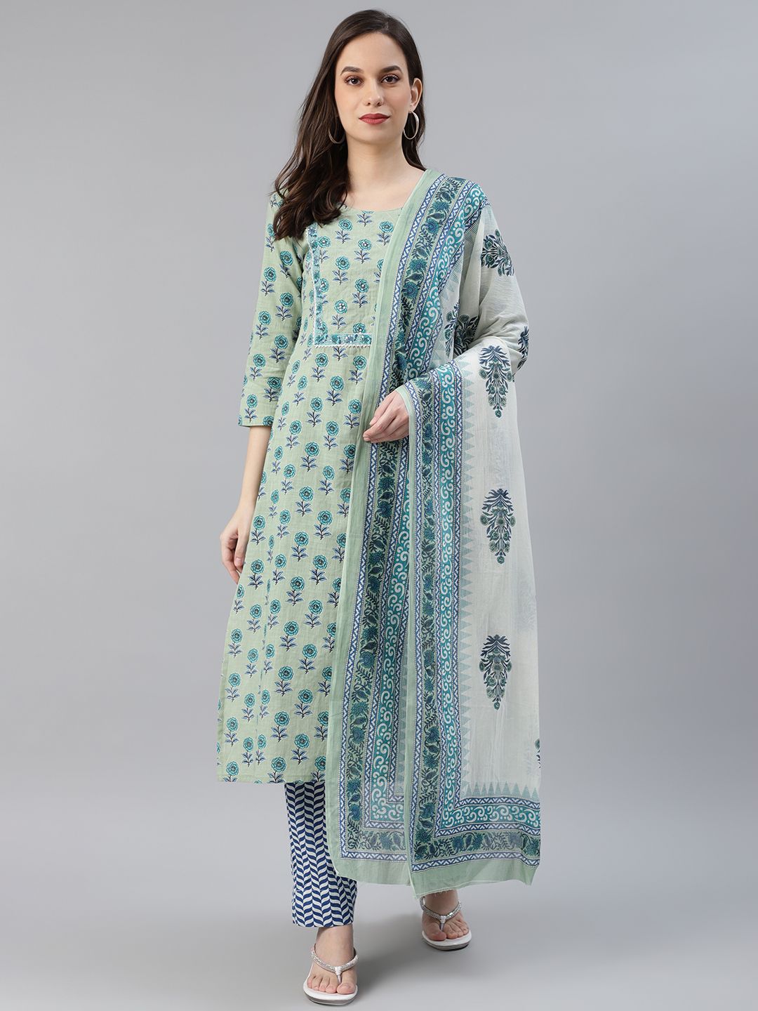 AHIKA Women Green & Blue Printed Pure Cotton Kurta with Trousers & Dupatta Price in India