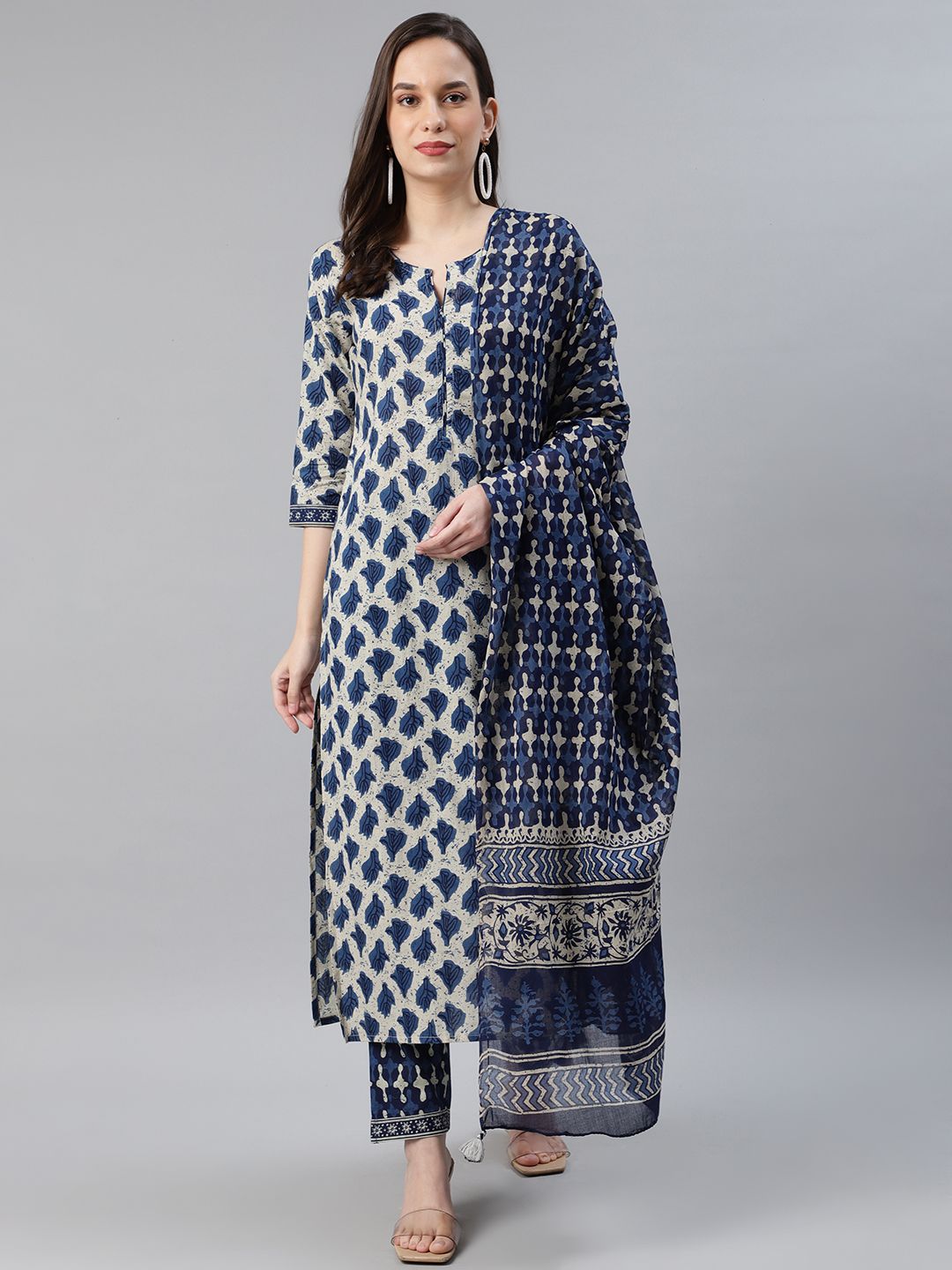 AHIKA Women Off-White & Navy Blue Printed Pure Cotton Kurta with Trousers & Dupatta Price in India