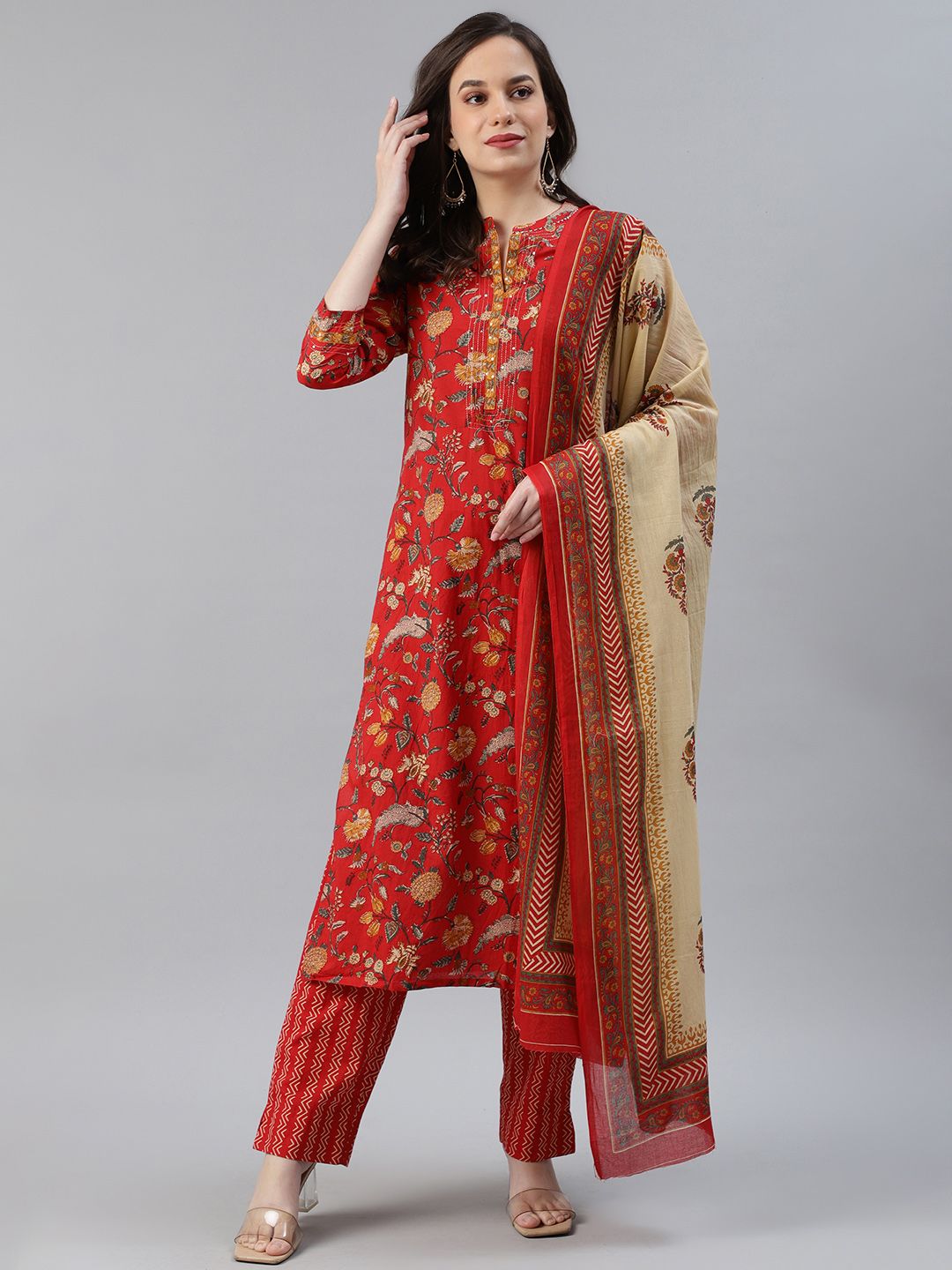 AHIKA Women Red & Beige Printed Pure Cotton Kurta with Trousers & Dupatta Price in India