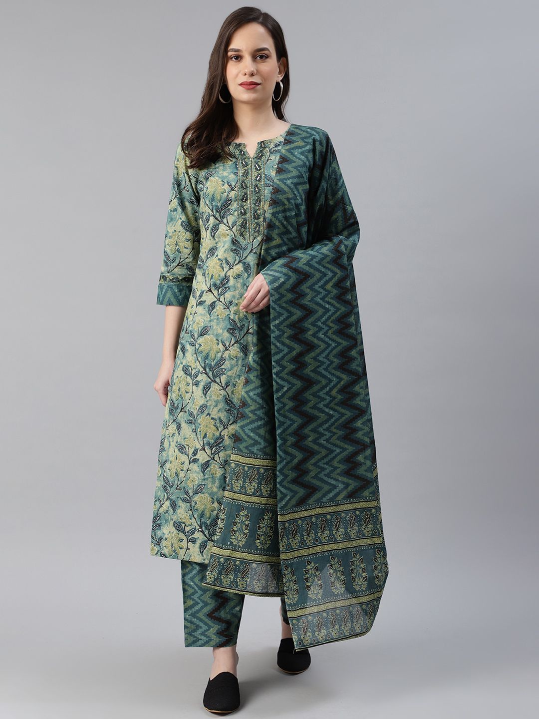 AHIKA Women Teal Green & Beige Printed Pure Cotton Kurta with Trousers & Dupatta Price in India