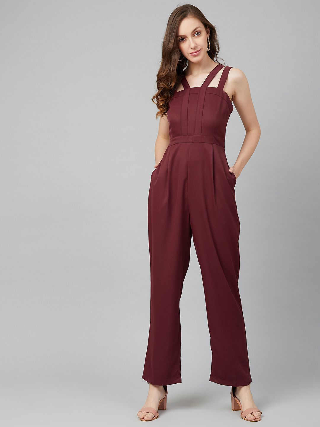 Marie Claire Women Maroon Solid Basic Jumpsuit Price in India