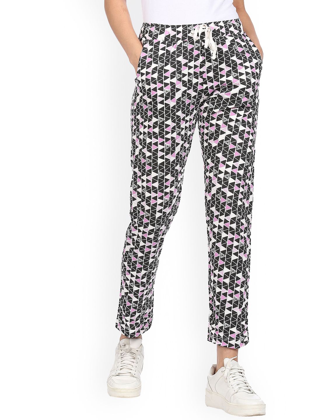 Sugr Women Pink & Black Mid Rise Printed Track Pants Price in India