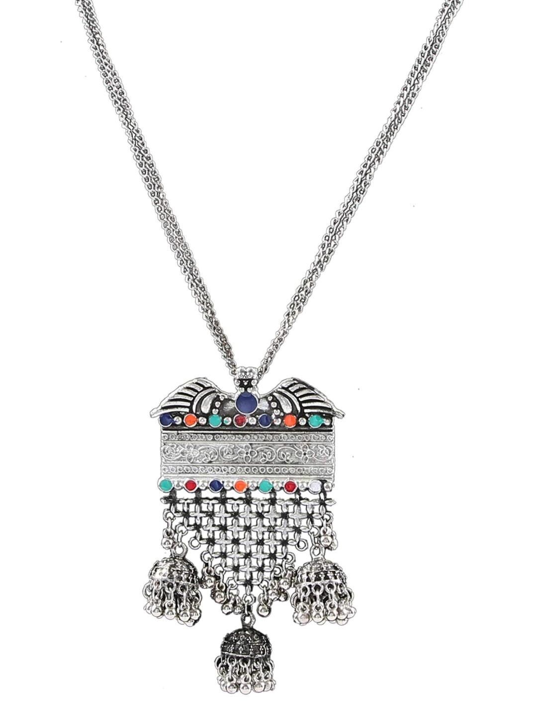 Crunchy Fashion Silver-Plated & Blue Alloy Oxidised Necklace Price in India