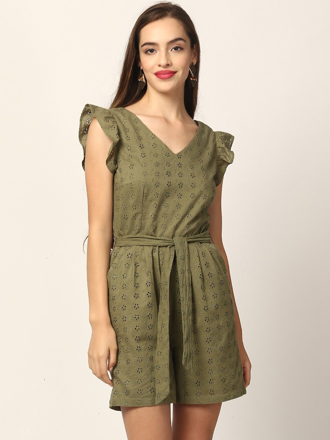ELLE Women Olive Green Self Design Playsuit Price in India