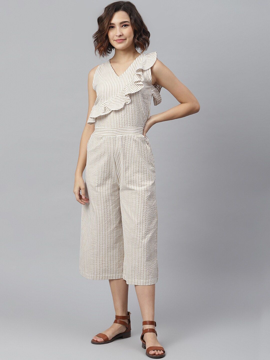StyleStone Women Beige & White Striped Capri Jumpsuit Price in India