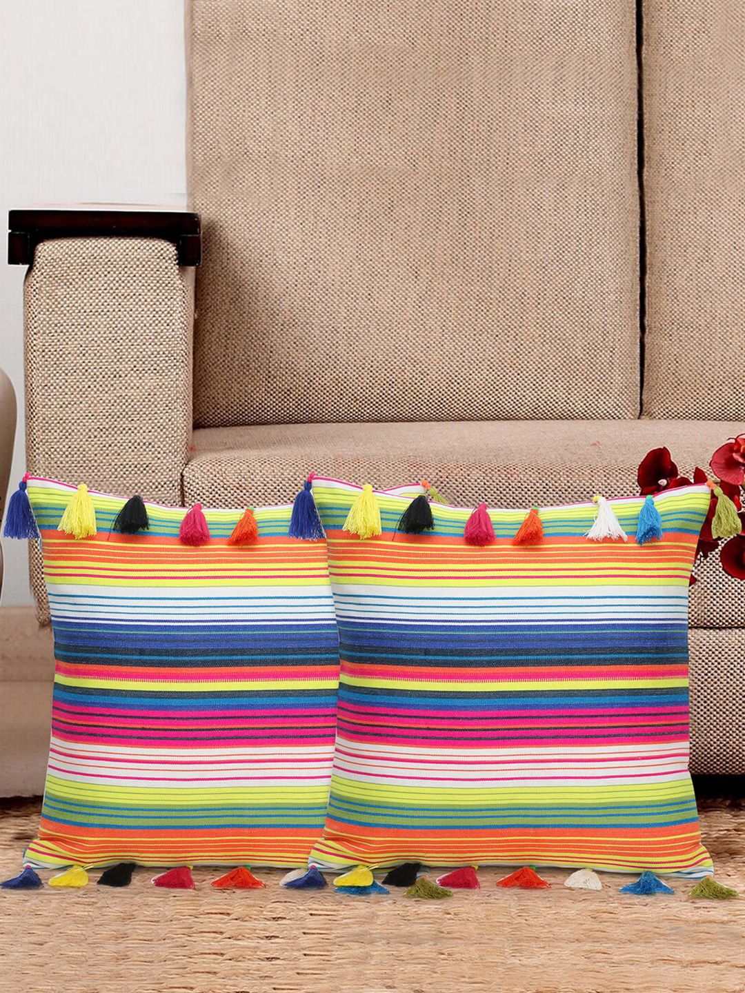 Mezposh Orange & White Set of 2 Striped Square Cushion Covers Price in India