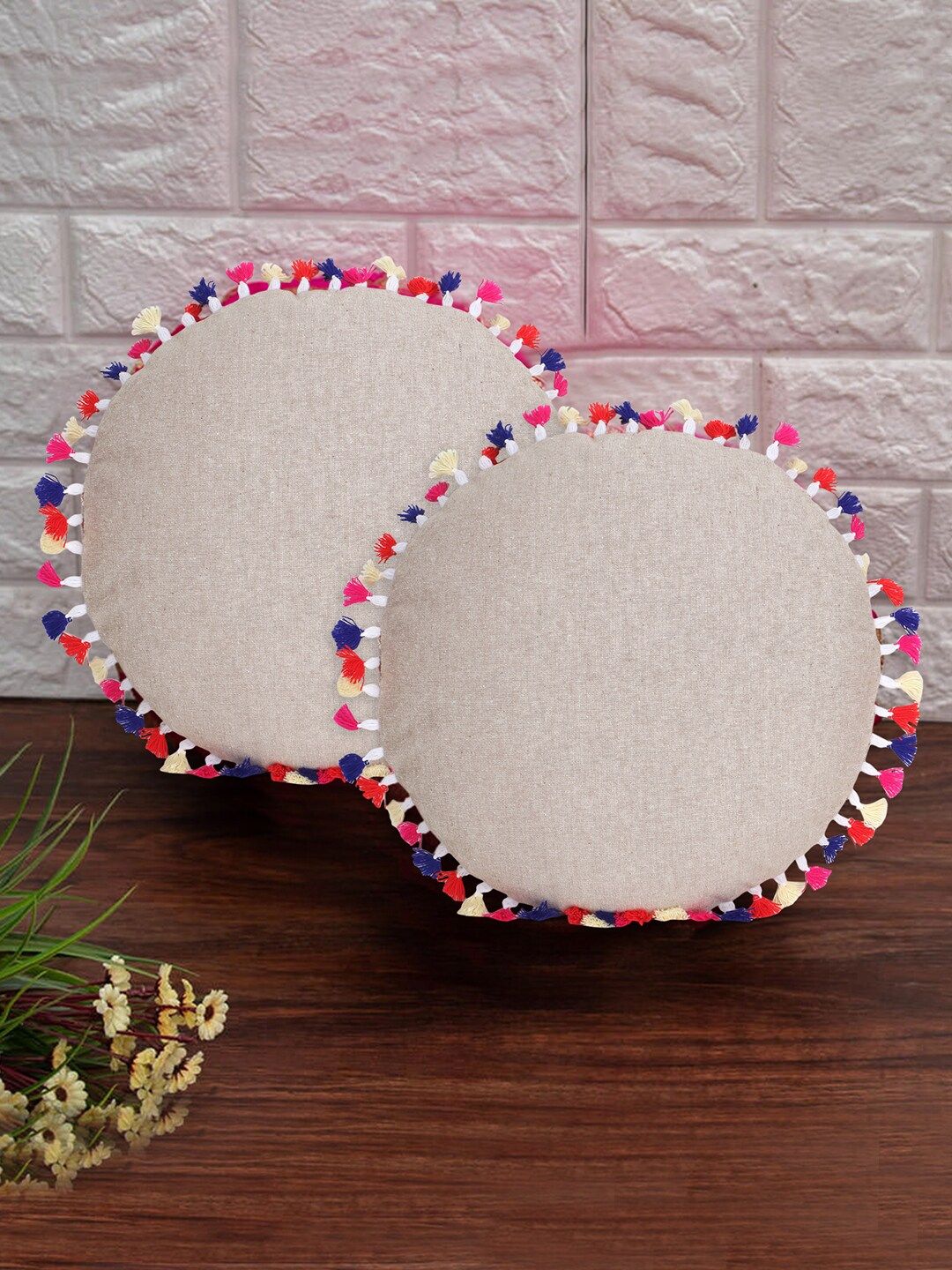 Mezposh Cream-Coloured & Blue Set of 2 Solid Tasselled Round Cushion Covers Price in India