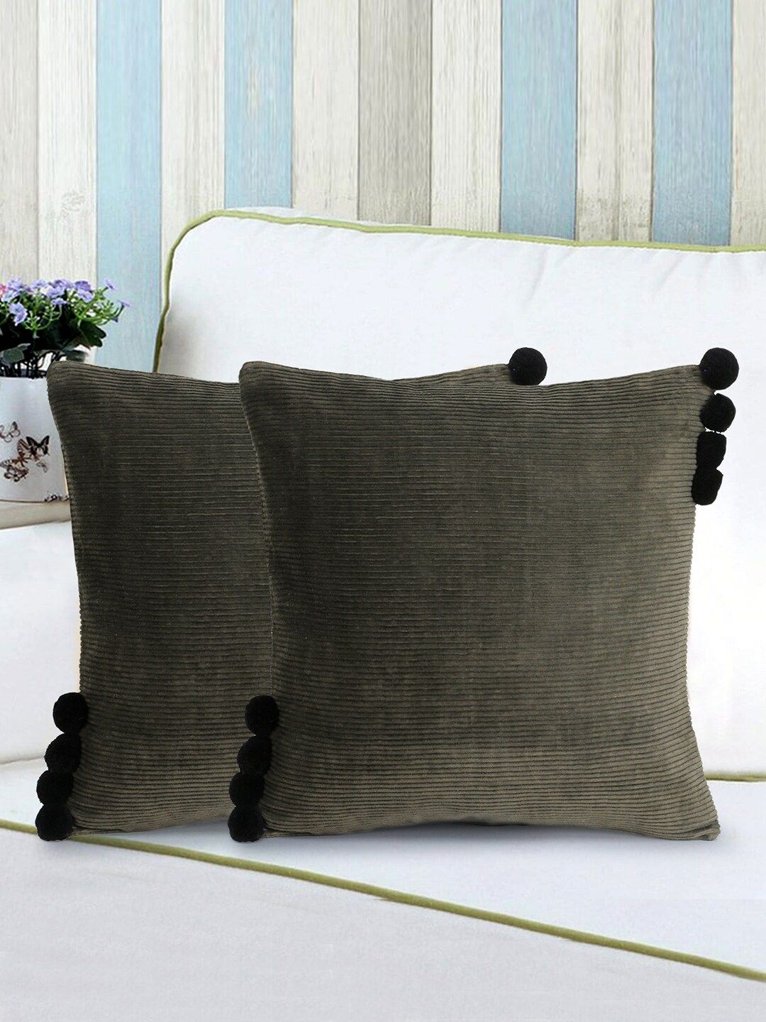 Mezposh Green & Black Set of 2 Pom Pom Square Cushion Covers Price in India