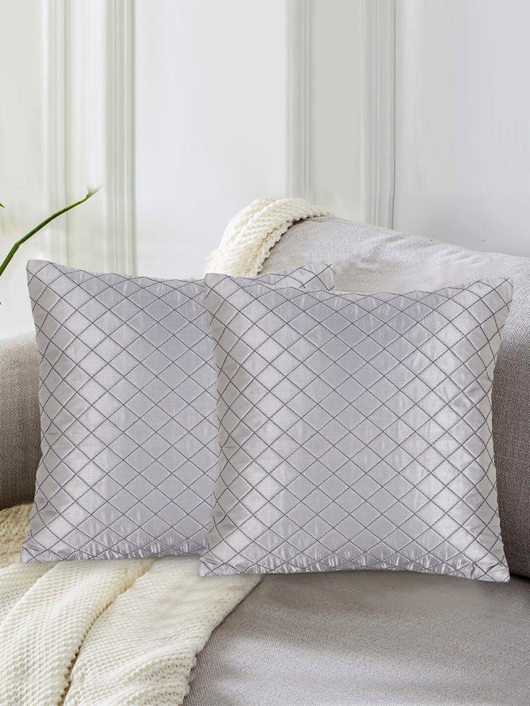 Mezposh Set of 2 Grey Checked Square Cushion Covers Price in India