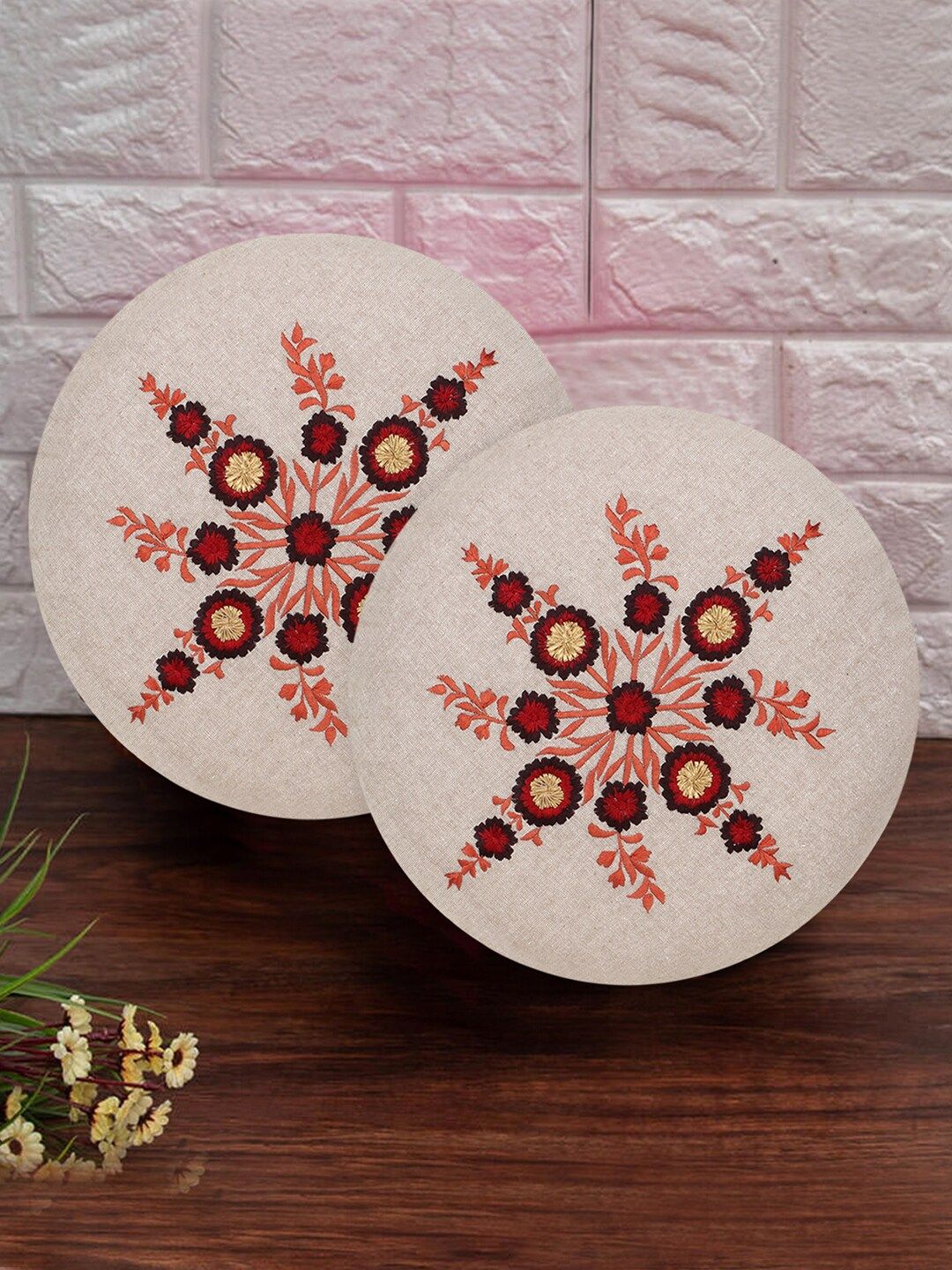 Mezposh Cream-Coloured & Red Set of 2 Embroidered Round Cushion Covers Price in India