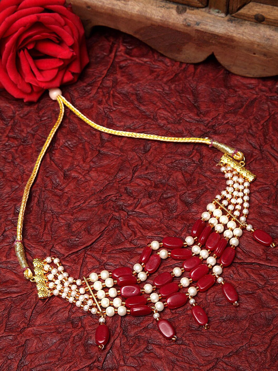 Moedbuille Gold-Toned Red Beads and Pearls Studded Tasselled Handcrafted Tribal Choker Price in India