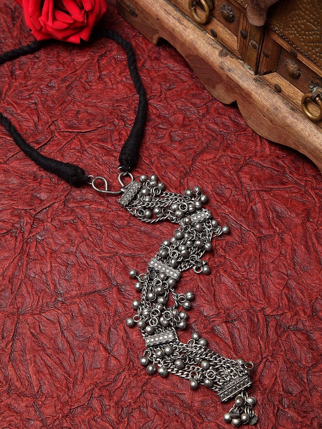 Moedbuille Gunmetal-Toned & Black Brass Silver-Plated Oxidised Necklace Price in India