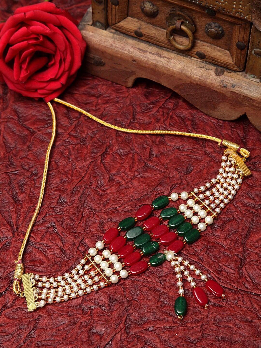 Moedbuille Gold-Plated Red & Green Choker Necklace Price in India