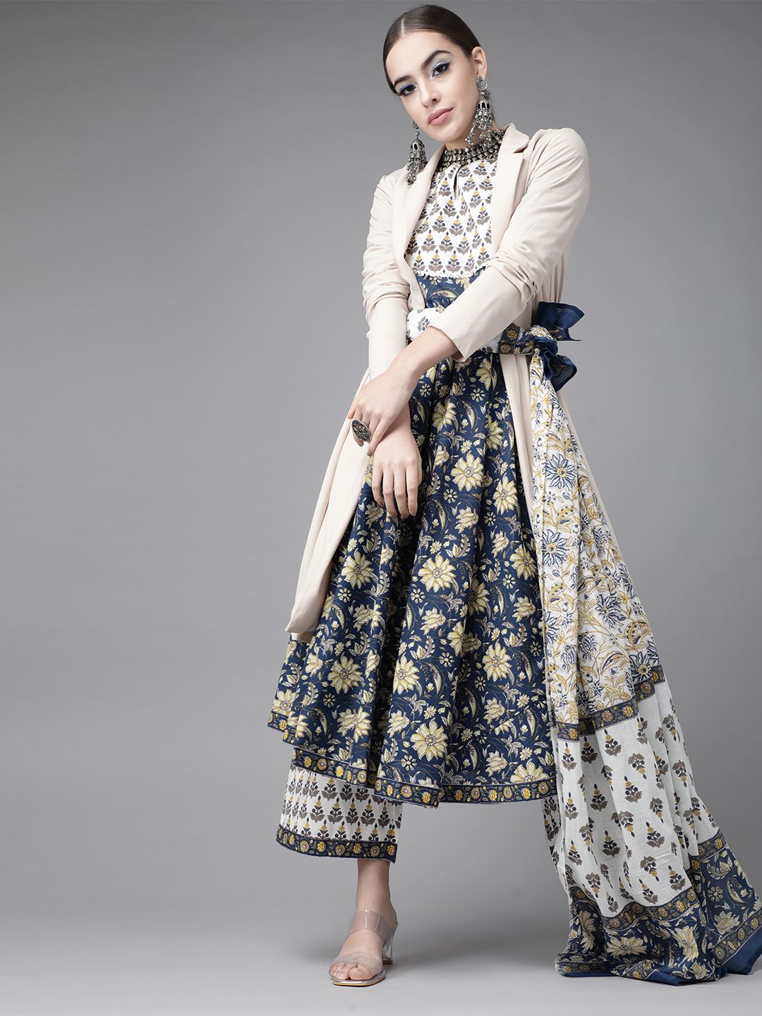 Libas Women Navy Blue Pure Cotton Floral Print Kurta with Palazzos & Dupatta