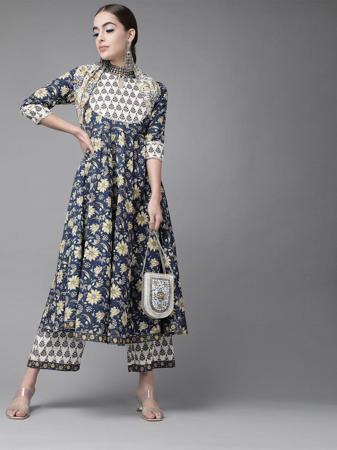 Libas Women Navy Blue Pure Cotton Floral Print Kurta with Palazzos & Dupatta Price in India