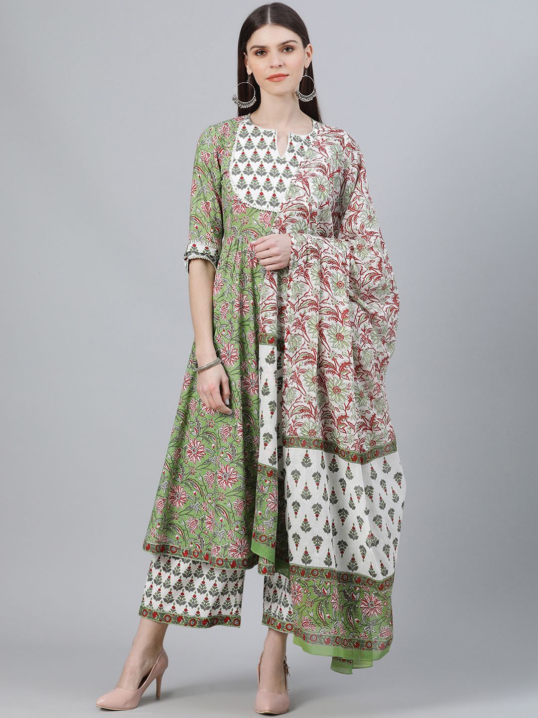 Libas Women Green & White Printed Kurta with Palazzos & Dupatta