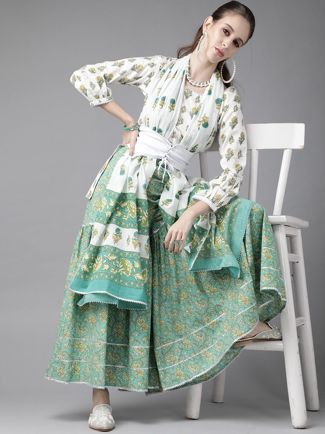Libas Women White Printed Kurti with Sharara & Dupatta