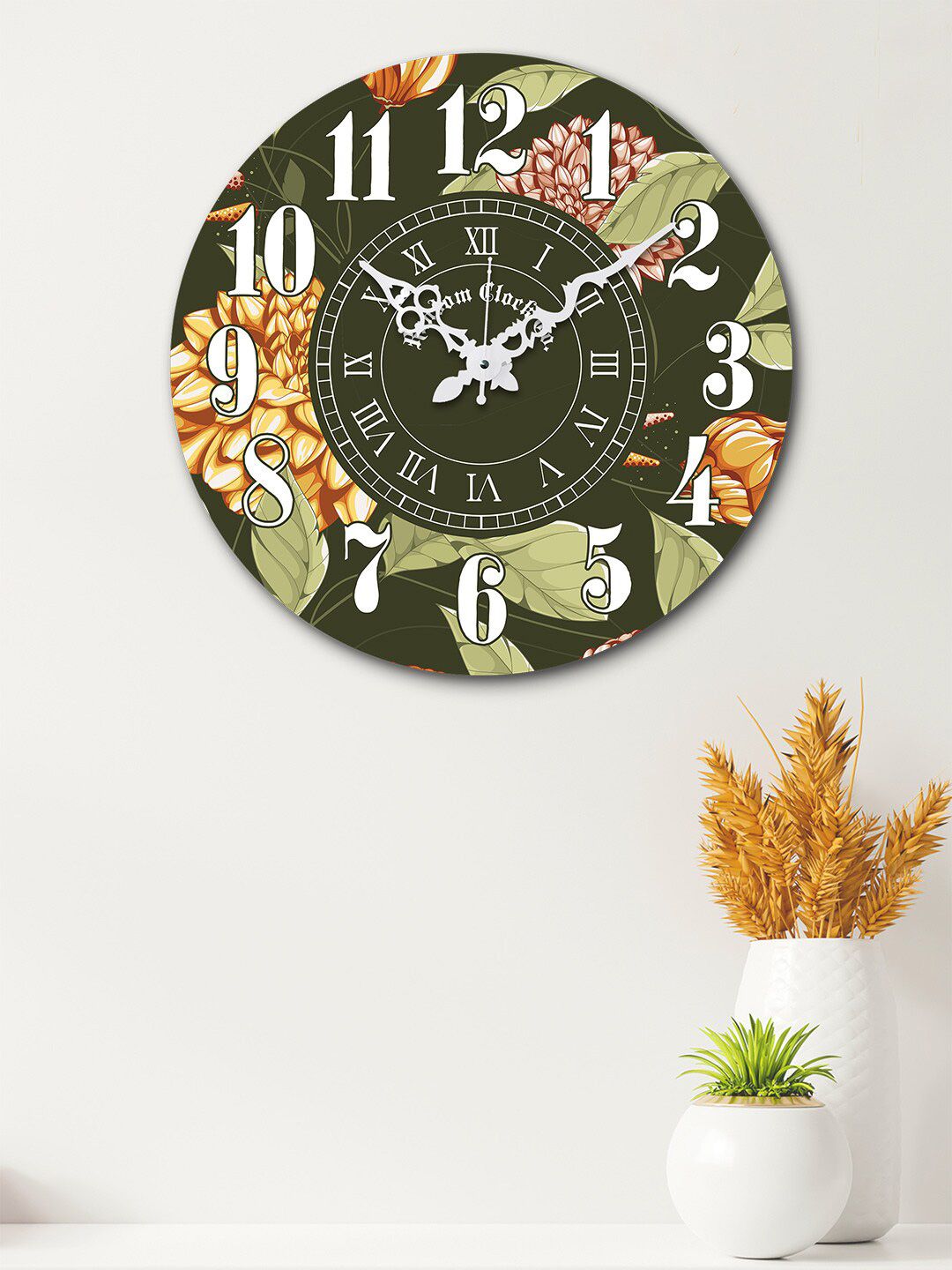 RANDOM Olive Green & Yellow Round Printed Wooden 37 cm Analogue Wall Clock Price in India