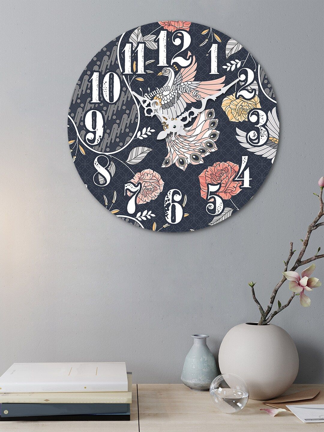 RANDOM Navy Blue & Peach-Coloured Round Printed Wooden 37 cm Analogue Wall Clock Price in India