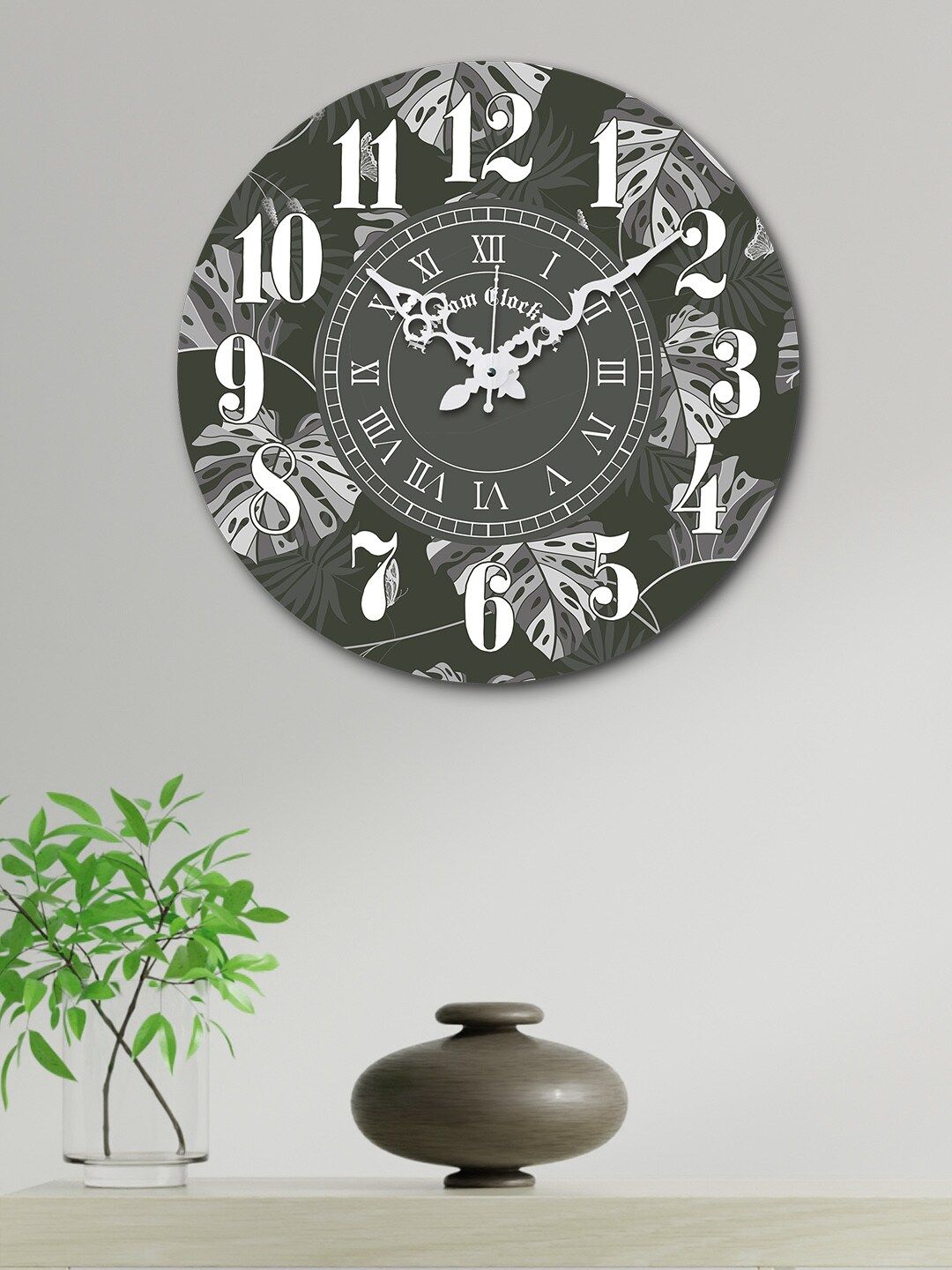 RANDOM Olive Green Round Printed Wooden 37 cm Analogue Wall Clock Price in India