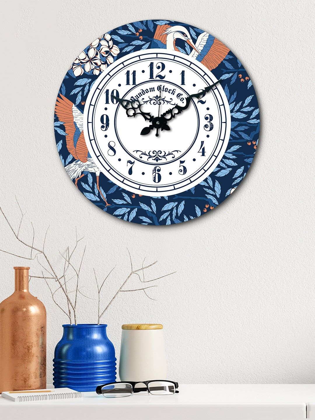 RANDOM White & Blue Round Printed Wooden 37 cm Analogue Wall Clock Price in India