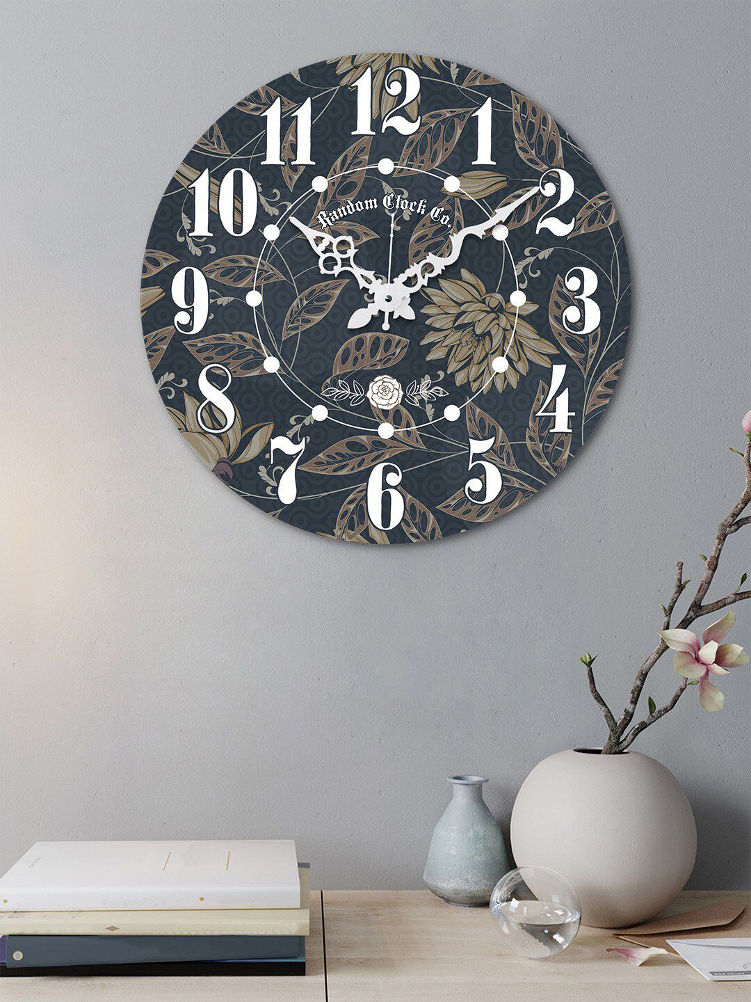 RANDOM Navy Blue & Olive Green Round Printed Wooden 37 cm Analogue Wall Clock Price in India