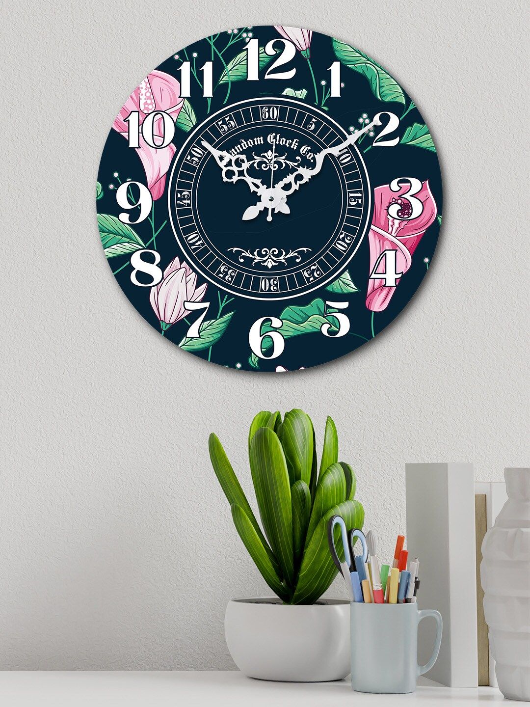 RANDOM Navy Blue & Pink Round Printed Wooden 37 cm Analogue Wall Clock Price in India