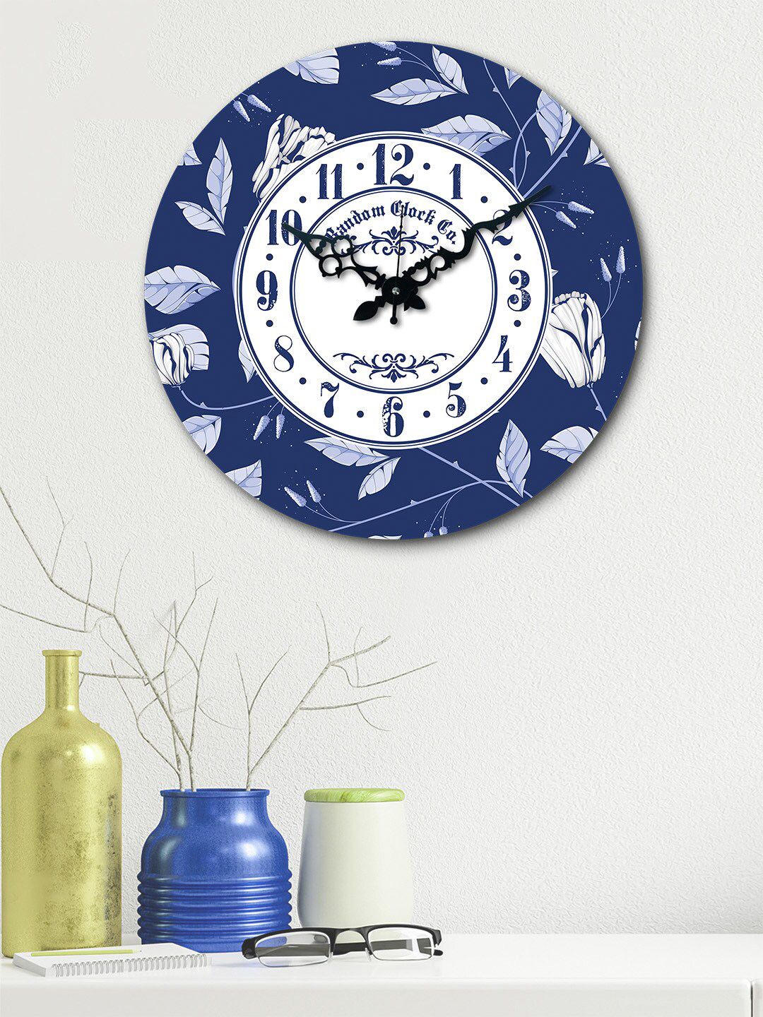 RANDOM Blue & White Round Printed Wooden 37 cm Analogue Wall Clock Price in India