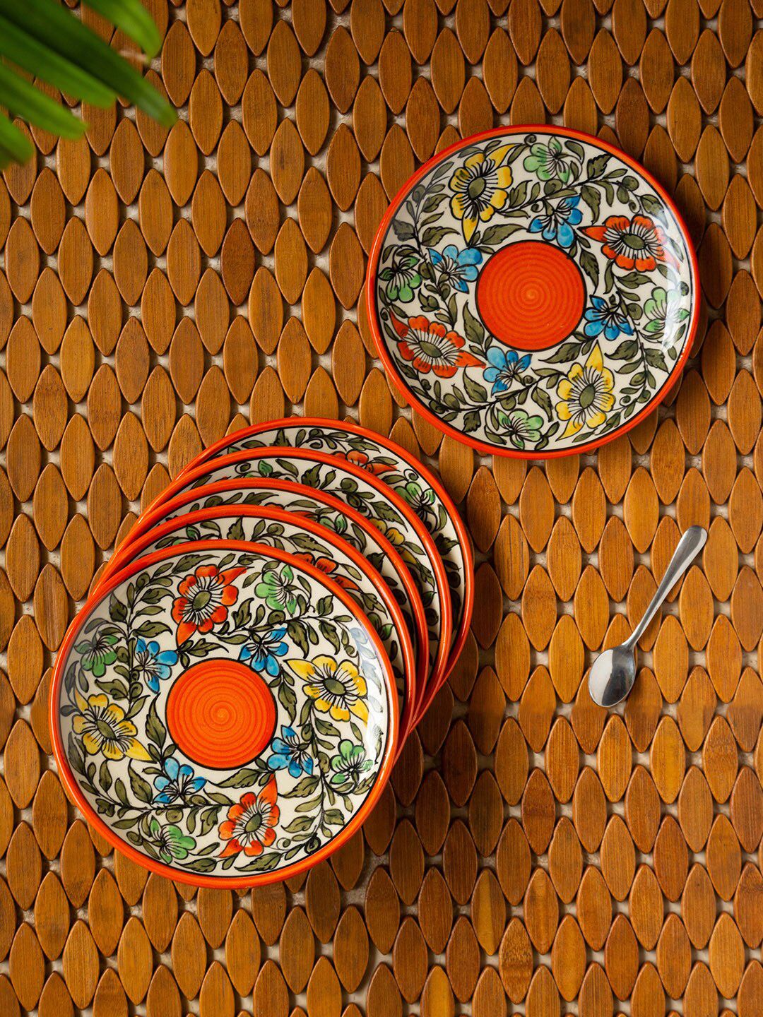 ExclusiveLane White & Green Set of 6 Hand-Painted Ceramic Microwave Quarter Plates Price in India