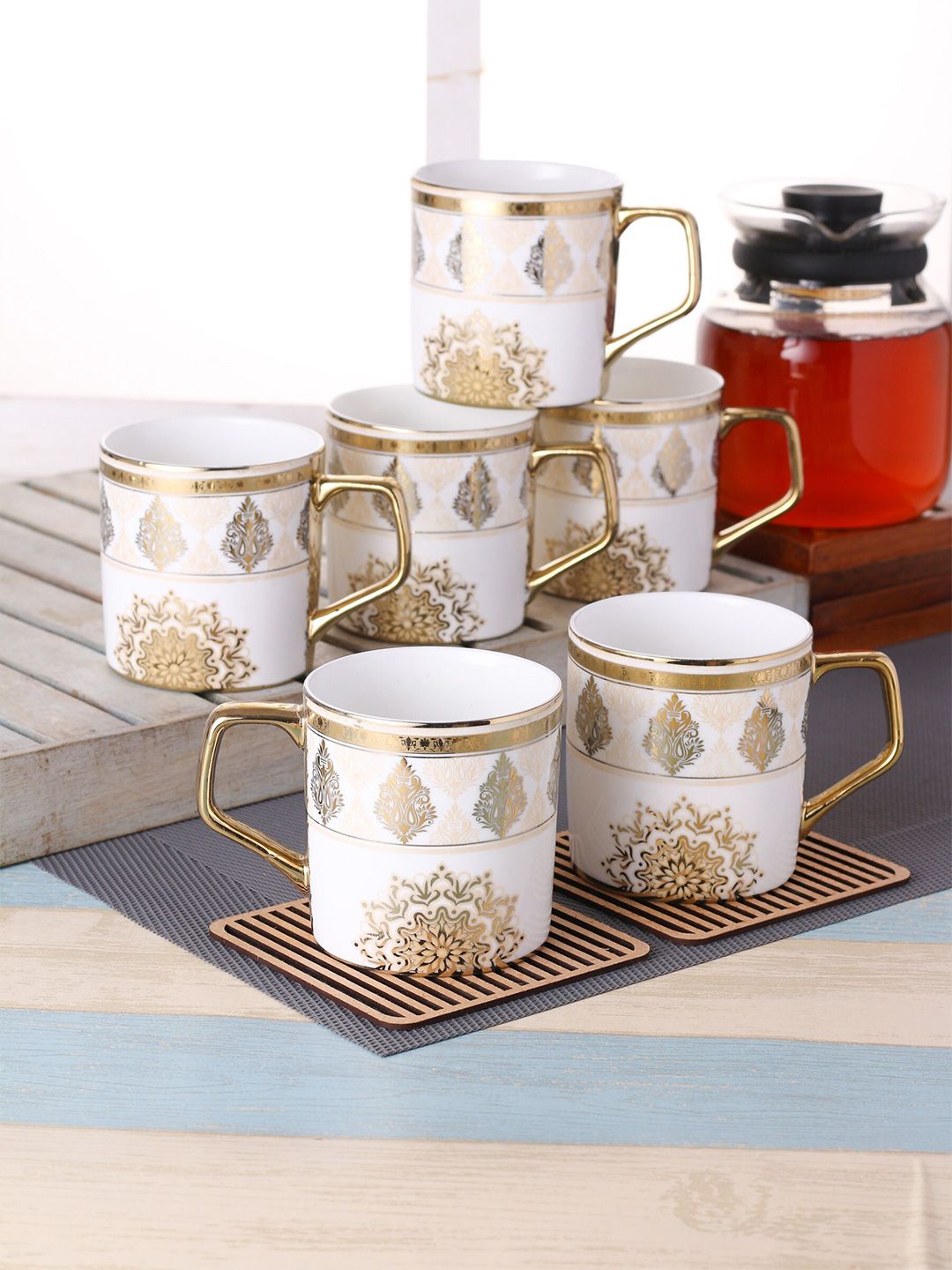 CLAY CRAFT White & Gold-Toned  Set of 6 Printed Ceramic Cups Set Price in India