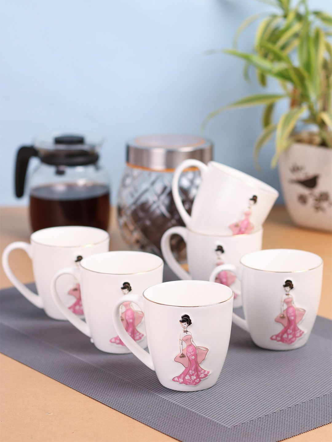 CLAY CRAFT Set of 6 White & Pink Printed Ceramic Cups Price in India