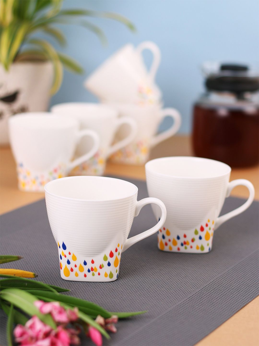 CLAY CRAFT Set Of 6 White & Yellow Printed Ceramic Cups Set Price in India