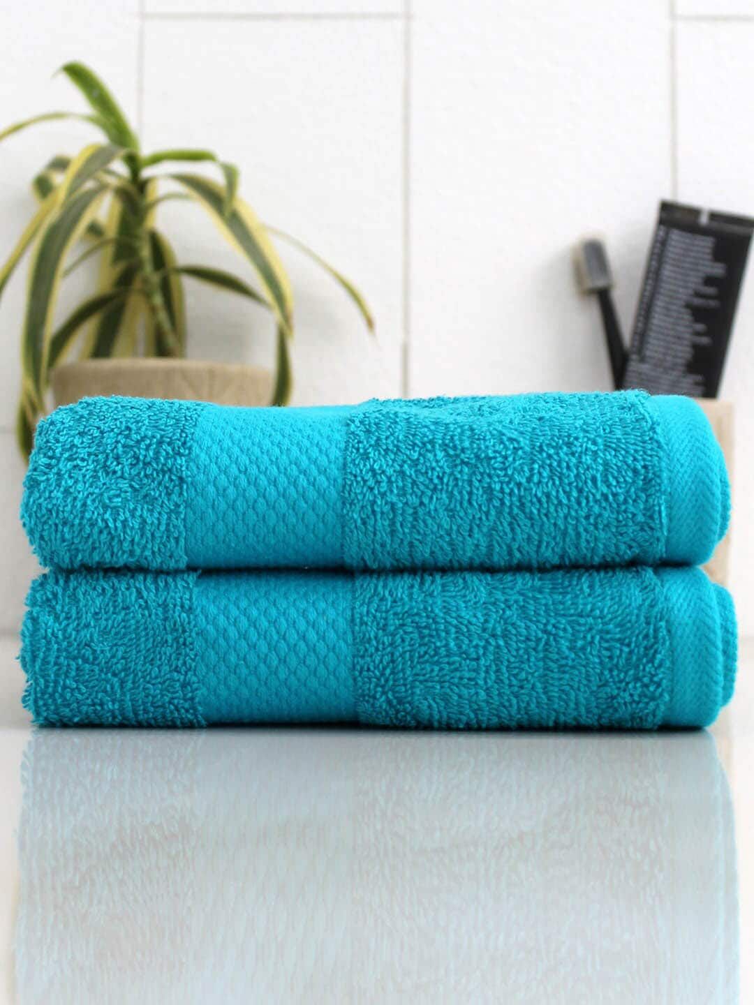 AVI Living Set Of 2 Turquoise Blue Cotton Solid 500 GSM Hand Towels Price in India