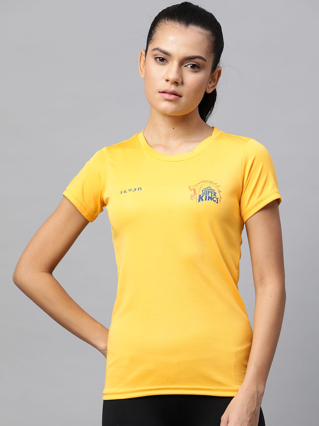 SEVEN by MS Dhoni Women Yellow Varsity Printed T-shirt Price in India