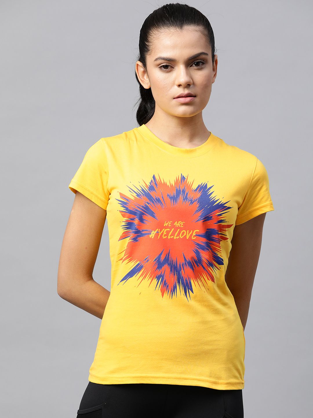 SEVEN by MS Dhoni Women Yellow Printed T-shirt Price in India