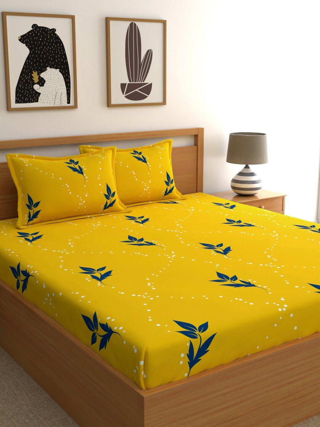 Home Ecstasy Mustard & Blue Floral 140 TC Cotton 1 King Bedsheet with 2 Pillow Covers Price in India