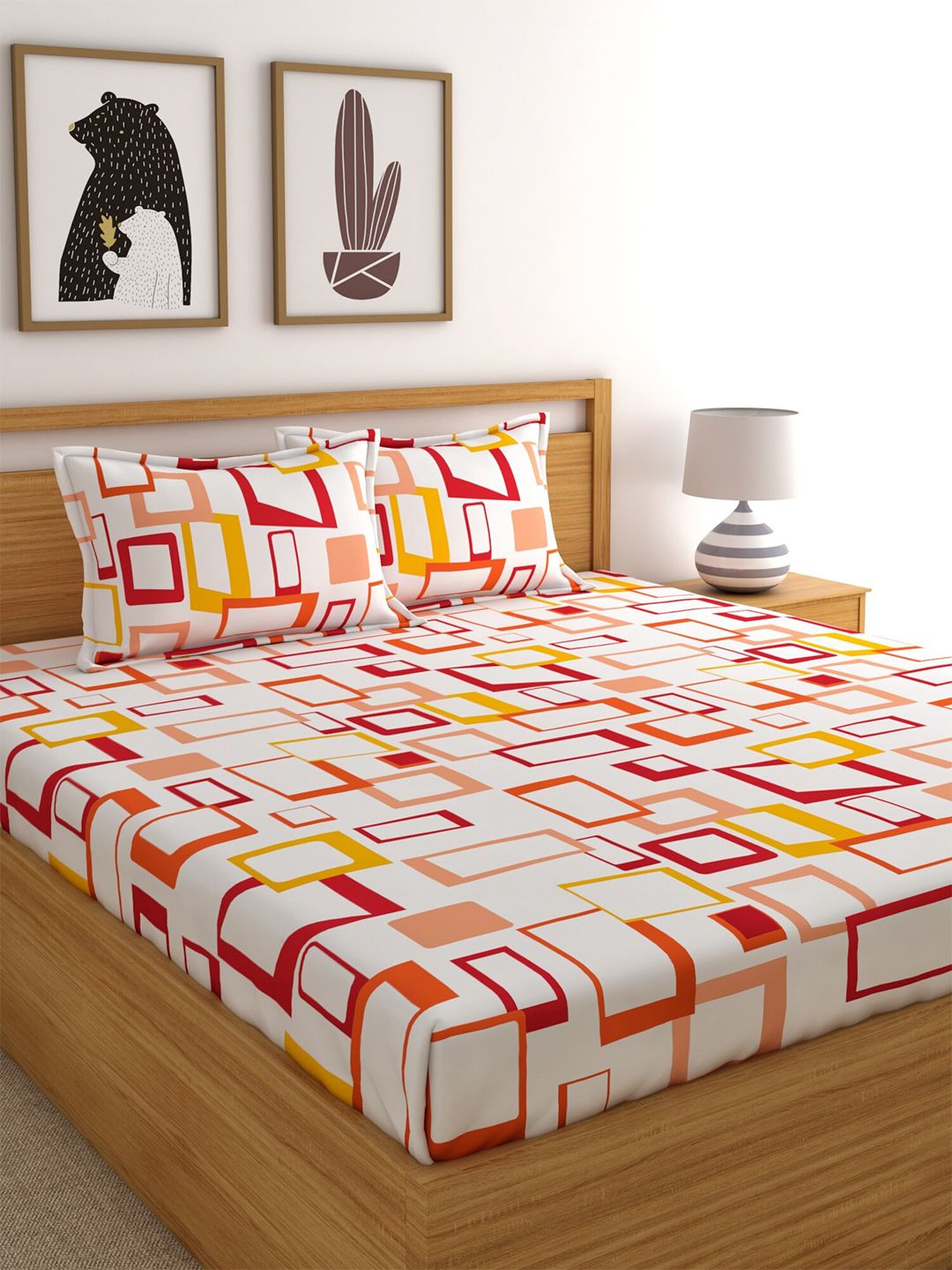 Home Ecstasy White & Red Geometric 140 TC Cotton 1 King Bedsheet with 2 Pillow Covers Price in India