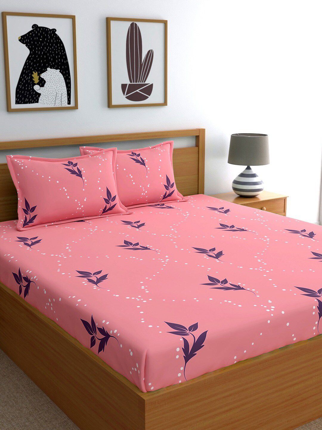 Home Ecstasy Pink & Navy Blue Floral 140 TC Cotton 1 King Bedsheet with 2 Pillow Covers Price in India