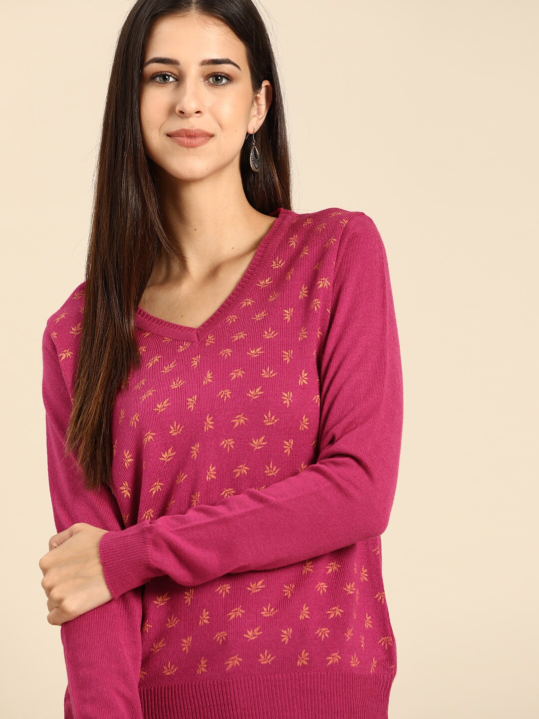 Anouk Women Pink & Golden Floral Print Winter Pullover Price in India